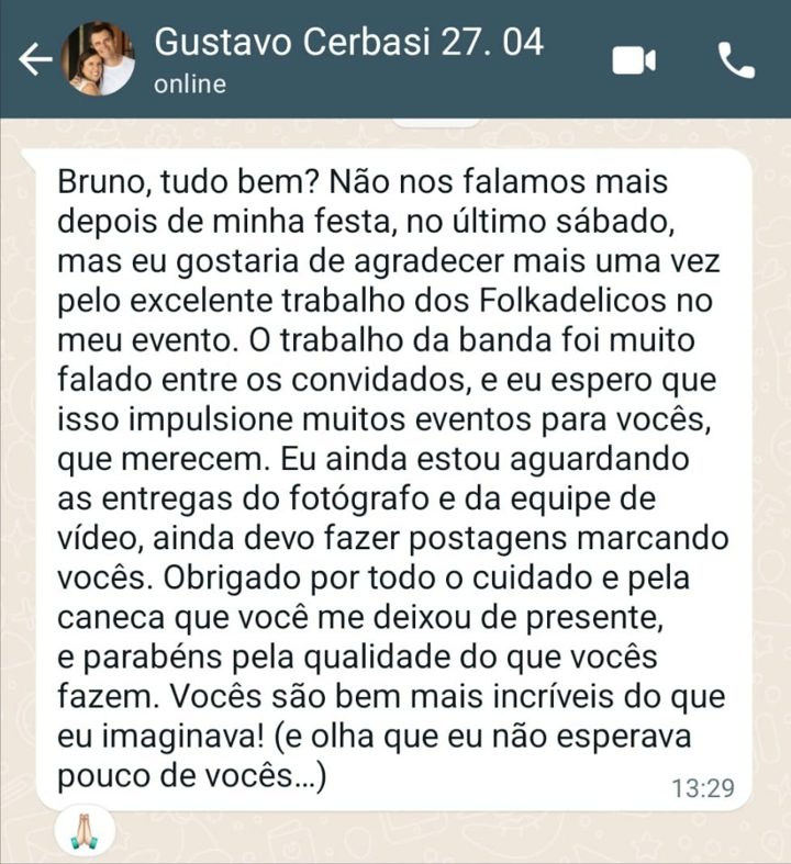Mensagem de Gustavo Cerbasi agradecendo a banda pelo show no aniversário