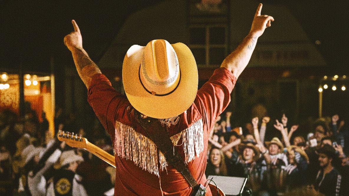 Vocalista dos Folkadelicos de costas, braços erguidos, diante do público num show