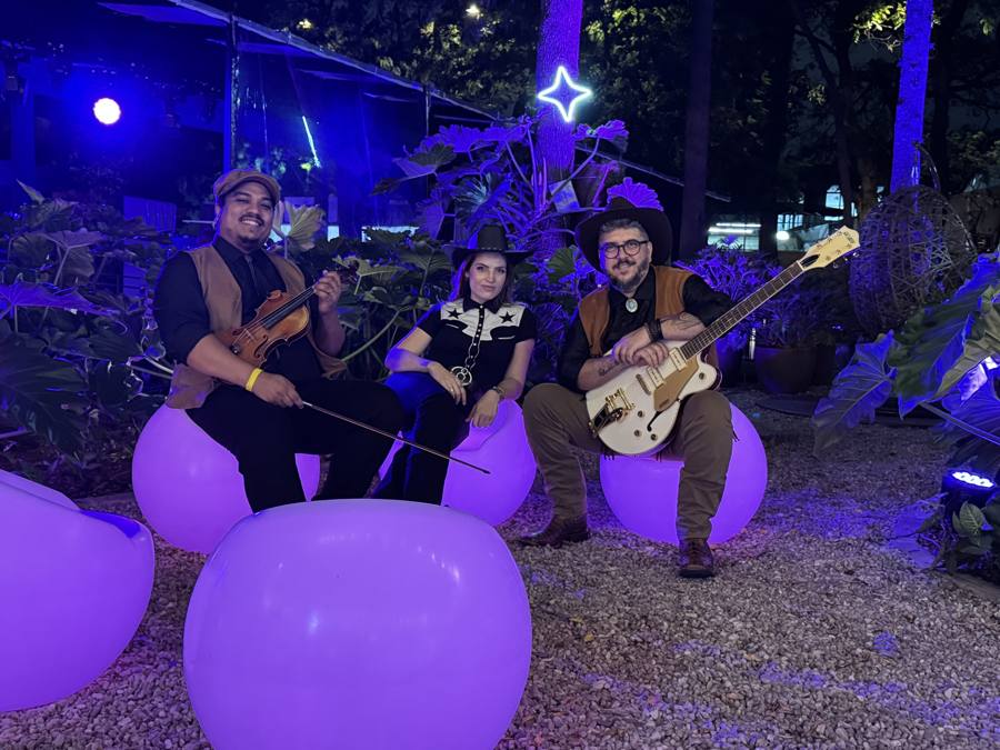 Violino, voz e guitarra da Folkadelicos no jardim iluminado da Melicidade