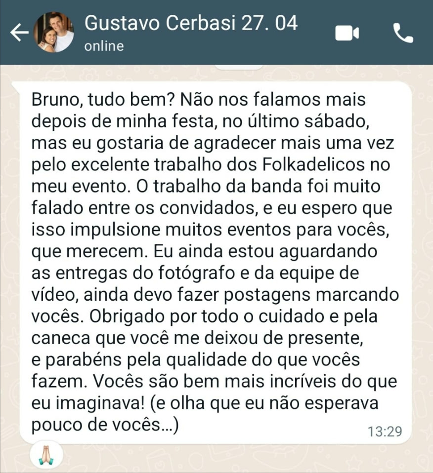 Mensagem de Gustavo Cerbasi no WhatsApp agradecendo o trabalho dos Folkadelicos no aniversário dele
